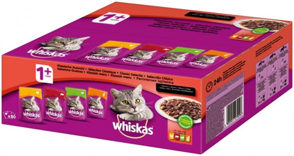 whiskas Katzenfutter Nassfutter Adult 1+ Klassikauswahl in Sauce, 80 x 100g Mega Pack 395691