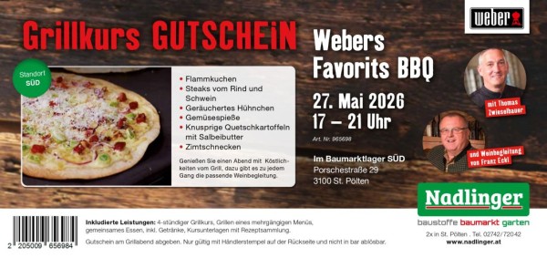 Webers GRILLKURS Favorits BBQ 27.05.26, bei Nadlinger Süd, 270526