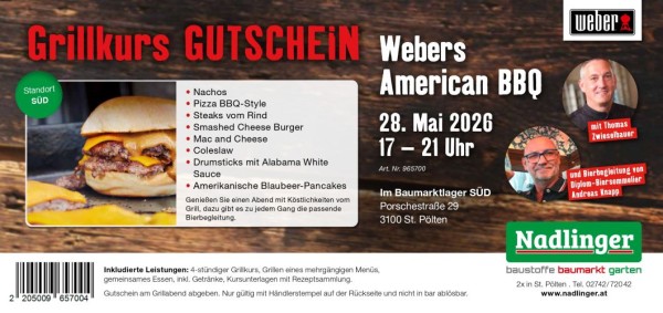 Weber GRILLKURS Webers American BBQ, 28.05.26, bei Nadlinger Süd, 280526