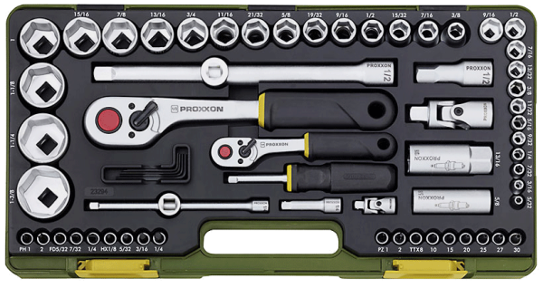 PROXXON Steckschlüsselsatz,  65-teiliges Werkzeug-Set für zöllige Schrauben mit Kunststoffkoffer, 23294