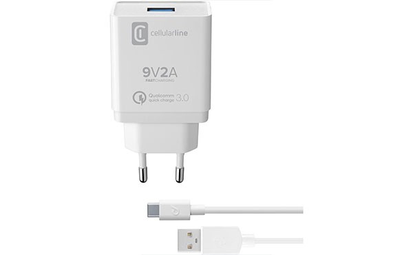Cellularline Reiselader-Set 18W USB Type-A inkl. Kabel Type-C ACHHUKITQCTYCK