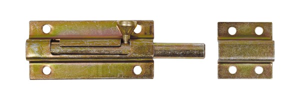 Alberts Bolzenriegel mit Knopfgriff: Stahl roh, galvanisch gelb verzinkt, mit befestigter Schlaufe 111724
