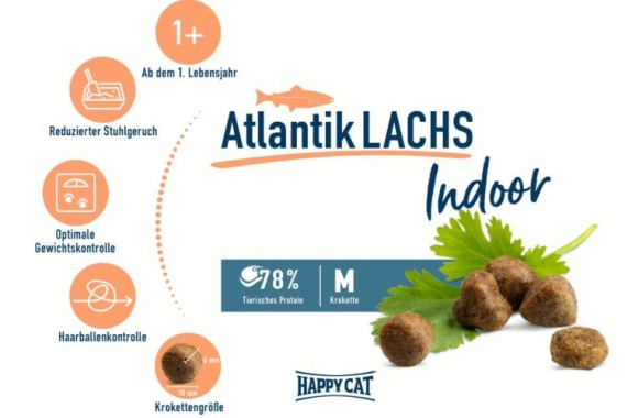 Preview: Happy Cat  Indoor Adult Atlantik Lachs, Trockenfutter für Wohnungskatzen, 300 g, 171158