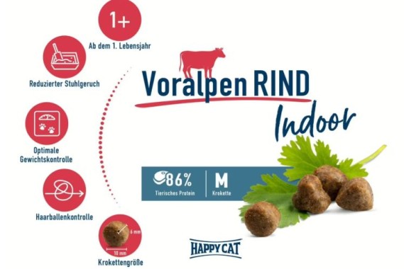 Preview: Happy Cat Indoor Adult Voralpen-Rind, Trockenfutter für Wohnungskatzen, 300 g, 171161