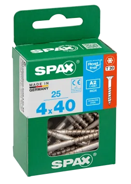 SPAX Edelstahlschraube, 4 x 40 mm, 25 Stück, Teilgewinde, Senkkopf, T-STAR plus T20, 4CUT, Edelstahl rostfrei A2, 4197000400402 4
