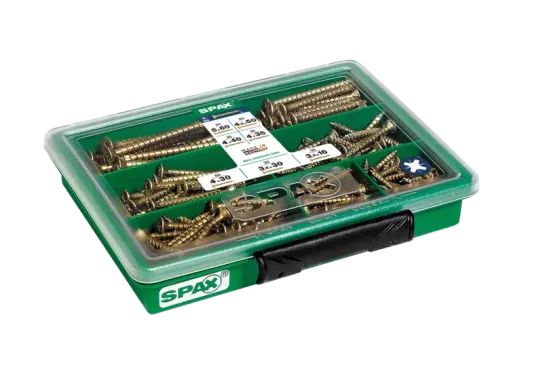 SPAX Sortiment klein, Schrauben-Set mit 7 Abmessungen, 245 Stück, Senkkopf, Kreuzschlitz Z, YELLOX, 4000001991039 4