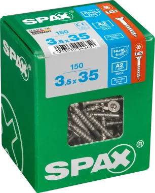 SPAX Edelstahlschraube, 3,5 x 35 mm, 150 Stück, Teilgewinde, Senkkopf, T-STAR plus T15, 4CUT, Edelstahl rostfrei A2, 4197000350357 4