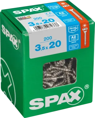 SPAX Edelstahlschraube, 3,5 x 20 mm, 200 Stück, Vollgewinde, Senkkopf, T-STAR plus T15, 4CUT, Edelstahl rostfrei A2, 4197000350207 4