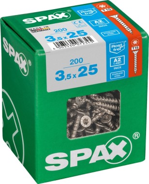SPAX Edelstahlschraube, 3,5 x 25 mm, 200 Stück, Vollgewinde, Senkkopf, T-STAR plus T15, 4CUT, Edelstahl rostfrei A2, 4197000350257