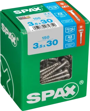 SPAX Edelstahlschraube, 3,5 x 30 mm, 150 Stück, Teilgewinde, Senkkopf, T-STAR plus T15, 4CUT, Edelstahl rostfrei A2, 4197000350307 4