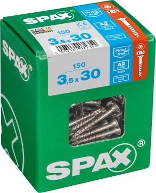 SPAX Edelstahlschraube, 3,5 x 30 mm, 150 Stück, Teilgewinde, Senkkopf, T-STAR plus T15, 4CUT, Edelstahl rostfrei A2, 4197000350307