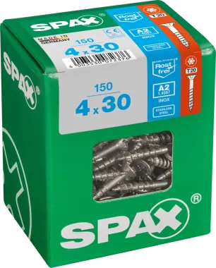 SPAX Edelstahlschraube, 4 x 30 mm, 150 Stück, Teilgewinde, Senkkopf, T-STAR plus T20, 4CUT, Edelstahl rostfrei A2, 4197000400307 4
