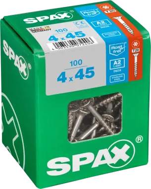 SPAX Edelstahlschraube, 4 x 45 mm, 100 Stück, Teilgewinde, Senkkopf, T-STAR plus T20, 4CUT, Edelstahl rostfrei A2, 4197000400457 4