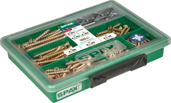SPAX Sortiment klein, Schrauben-Set mit 7 Abmessungen + BITs, 199 Stück, Senkkopf, Kreuzschlitz Z, YELLOX, 4000001991129 1