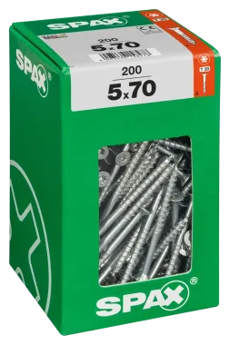 SPAX Universalschraube, 5 x 70 mm, 200 Stück, Teilgewinde, Senkkopf, T-STAR plus T20, 4CUT, WIROX, 4191010500706 4