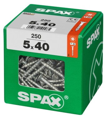 SPAX Universalschraube, 5 x 40 mm, 250 Stück, Teilgewinde, Senkkopf, T-STAR plus T20, 4CUT, WIROX, 4191010500406