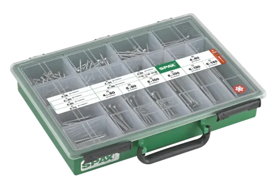 SPAX Sortiment Koffer, Schrauben-Set mit 14 Abmessungen, 387 Stück, Senkkopf, T-STAR plus, WIROX, 4000001991169 1