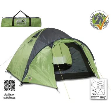 Preview: Happy People Doppeldachzelt Iglu für 3 Personen ca. 60+180x205x130 cm, grün/grau, 78929