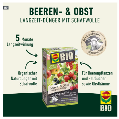 Preview: COMPO BIO Beeren- und Obst Dünger mit Schafwolle, 2 kg, 26727