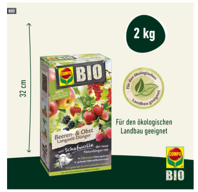 COMPO BIO Beeren- und Obst Dünger mit Schafwolle, 2 kg, 26727