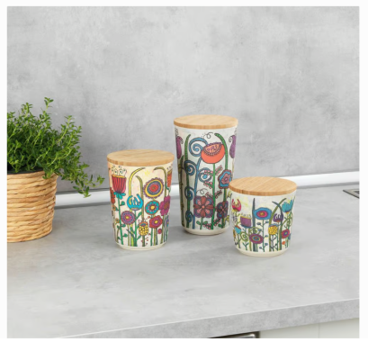 Wenko Aufbewahrungsdose PLA Mod. Flowers 0,5 L Bambusdeckel mit Silikonring zur luftdichten Aufbewahrung, 54206100