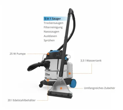 Preview: Güde Waschsauger GWS 1600-20 (1600 W, Nass- und Trockensaugen, Sprühen, Ausblasen, Filterreinigung, Edelstahlbehälter 20 l, max. Saugleistung 19 kPa, Luftvolumenstrom 100 m³/h, HEPA-Filter, Zubehör) 17019