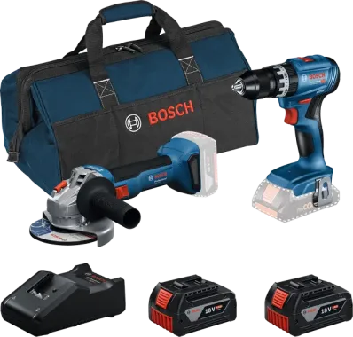 BOSCH Profi Set mit 2 18V-Werkzeugen: GSB 18V-45 + GWS 18V-8 + 2x GBA 4.0 Ah + GAL 18V-40 + Werkzeugtasche, 1510997