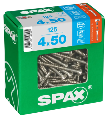 SPAX Edelstahlschraube, 4 x 50 mm, 125 Stück, Teilgewinde, Senkkopf, T-STAR plus T20, 4CUT, Edelstahl rostfrei A2, 4197000400506