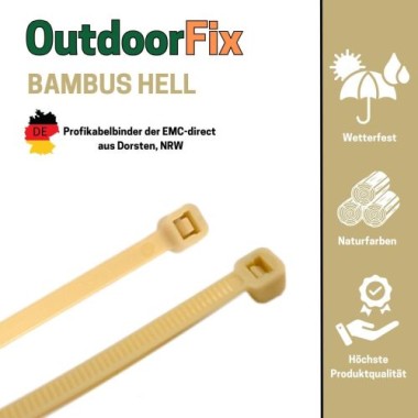 Preview: OutdoorFix Kabelbinder 150 x 3,5 mm, 50 Stk, Bambus hell, Wetterfest, UV-beständig, 22560