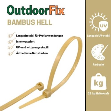 Preview: OutdoorFix Kabelbinder 200 x 4,6 mm, 50 Stk, Bambus hell, Wetterfest, UV-beständig, 22561