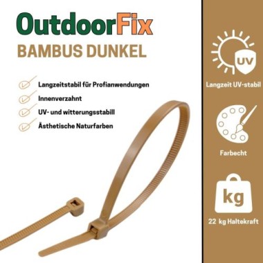 Preview: OutdoorFix Kabelbinder 150 x 3,5 mm, 50 Stk, Bambus dunkel, Wetterfest, UV-beständig, 22562