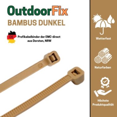 Preview: OutdoorFix Kabelbinder 200 x 4,6 mm, 50 Stk, Bambus/Schilf dunkel, Wetterfest, UV-beständig, 22563