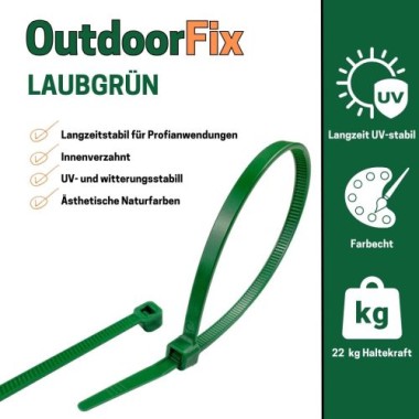 Preview: OutdoorFix Kabelbinder 200 x 4,6 mm, 50 Stk, Laubgrün, Wetterfest, UV-beständig, 22565
