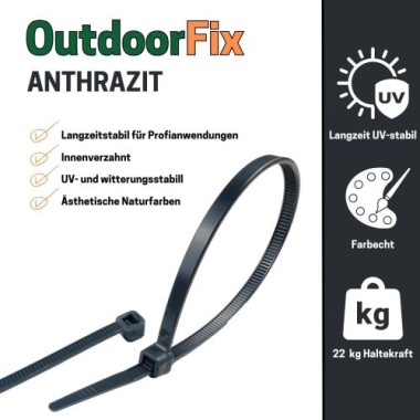 Preview: OutdoorFix Kabelbinder 150 x 3,5 mm, 50 Stk, Anthrazitgrau, Wetterfest, UV-beständig, 22568
