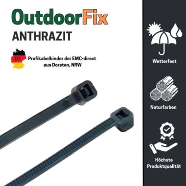 Preview: OutdoorFix Kabelbinder 200 x 4,6 mm, 50 Stk, Anthrazitgrau, Wetterfest, UV-beständig, 22569