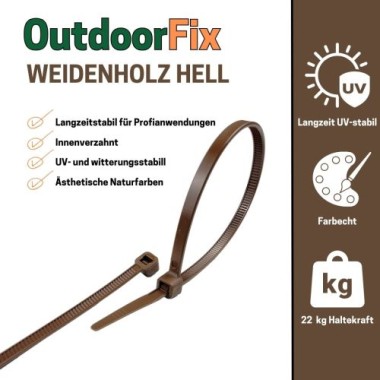 Preview: OutdoorFix Kabelbinder 150 x 3,5 mm, 50 Stk, Weidenholz hell, Wetterfest, UV-beständig, 22574