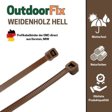 Preview: OutdoorFix Kabelbinder 150 x 3,5 mm, 50 Stk, Weidenholz hell, Wetterfest, UV-beständig, 22574