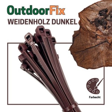 Preview: OutdoorFix Kabelbinder 150 x 3,5 mm, 50 Stk, Weidenholz dunkel, Wetterfest, UV-beständig, 22576