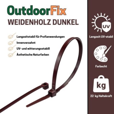 Preview: OutdoorFix Kabelbinder 200 x 4,6 mm, 50 Stk, Weidenholz dunkel, Wetterfest, UV-beständig, 22577