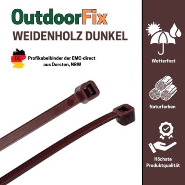 Preview: OutdoorFix Kabelbinder 200 x 4,6 mm, 50 Stk, Weidenholz dunkel, Wetterfest, UV-beständig, 22577