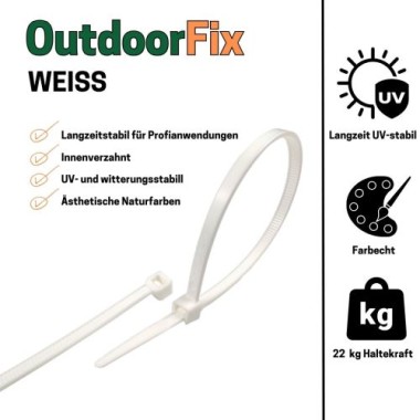 Preview: OutdoorFix Kabelbinder 150 x 3,5 mm, 50 Stk, Weiß, Wetterfest, UV-beständig, 22578