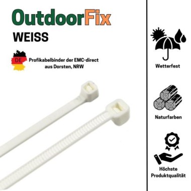 Preview: OutdoorFix Kabelbinder 200 x 4,6 mm, 50 Stk, Weiß, Wetterfest, UV-beständig, 22579