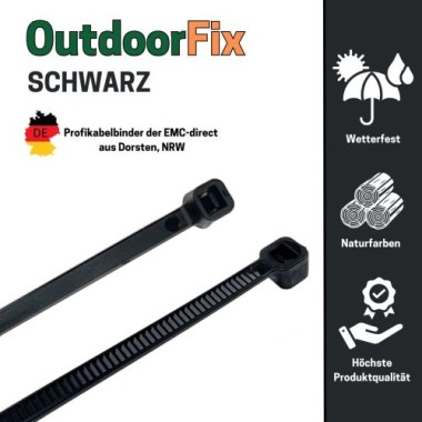 Preview: OutdoorFix Kabelbinder 150 x 3,5 mm, 50 Stk, Schwarz, Wetterfest, UV-beständig, 22580