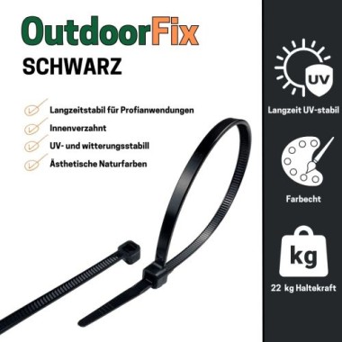 Preview: OutdoorFix Kabelbinder 200 x 4,6mm, 50 Stk., Schwarz, Wetterfest, UV-beständig, 22581