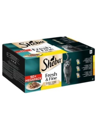 Sheba Fresh & Fine Multipack Portionsbeutel Huhn, Geflügel, Truthahn in Sauce, 50x50g, 422547