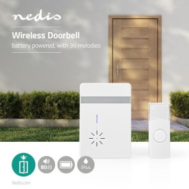 Preview: Nedis Drahtloses Türklingel Set, 3V DC, Signalreichweite 300m, IP44, 36 Melodien, 5802601