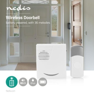 Preview: Nedis Drahtloses Türklingel Set, 3V DC, Signalreichweite 100m, IP44, 36 Melodien, 6289401
