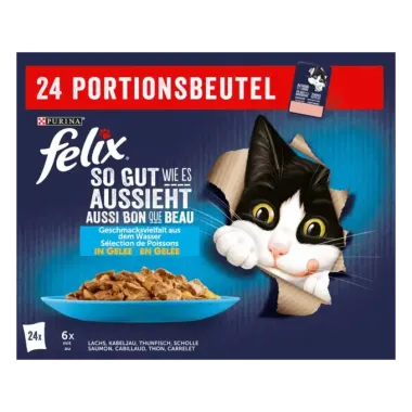 Preview: FELIX Katzennassfutter So gut wie es aussieht in Gelee Geschmacksvielfalt aus dem Wasser, 24 x 85g, 12449400