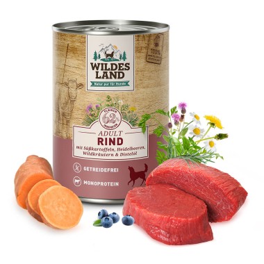 Wildes Land Classic Adult, Nassfutter, Rind mit Süßkartoffel, 800g Dose, WL58202