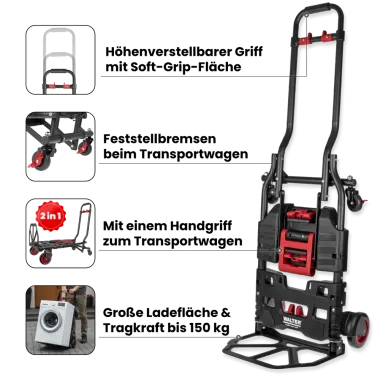 WALTER 2-in-1 Transportwagen & Transportkarre – 150 kg Tragkraft, ausziehbarer Griff, klappbar 613494